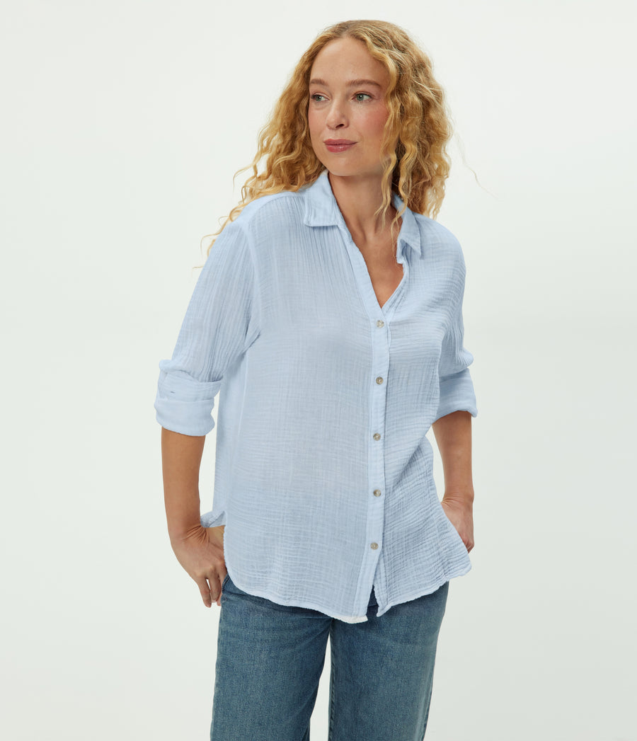 Leo Gauze Button Down Shirt in SPLASH Blue Close up View #SPLASH