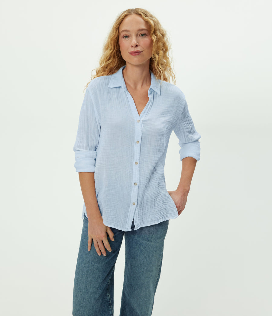 Leo Gauze Button Down Shirt in SPLASH Blue Close up View #SPLASH