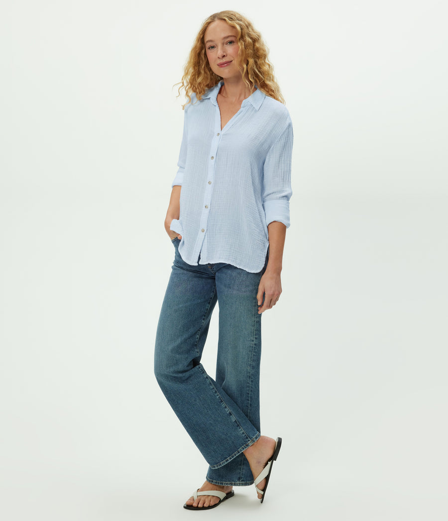 Leo Gauze Button Down Shirt in SPLASH Blue Side View #SPLASH