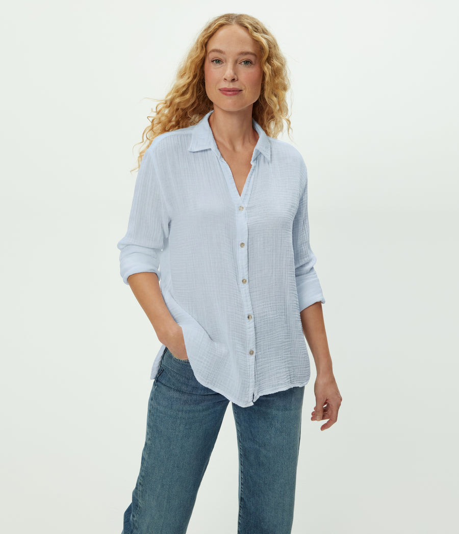Leo Gauze Button Down Shirt in SPLASH Blue Close up View #SPLASH