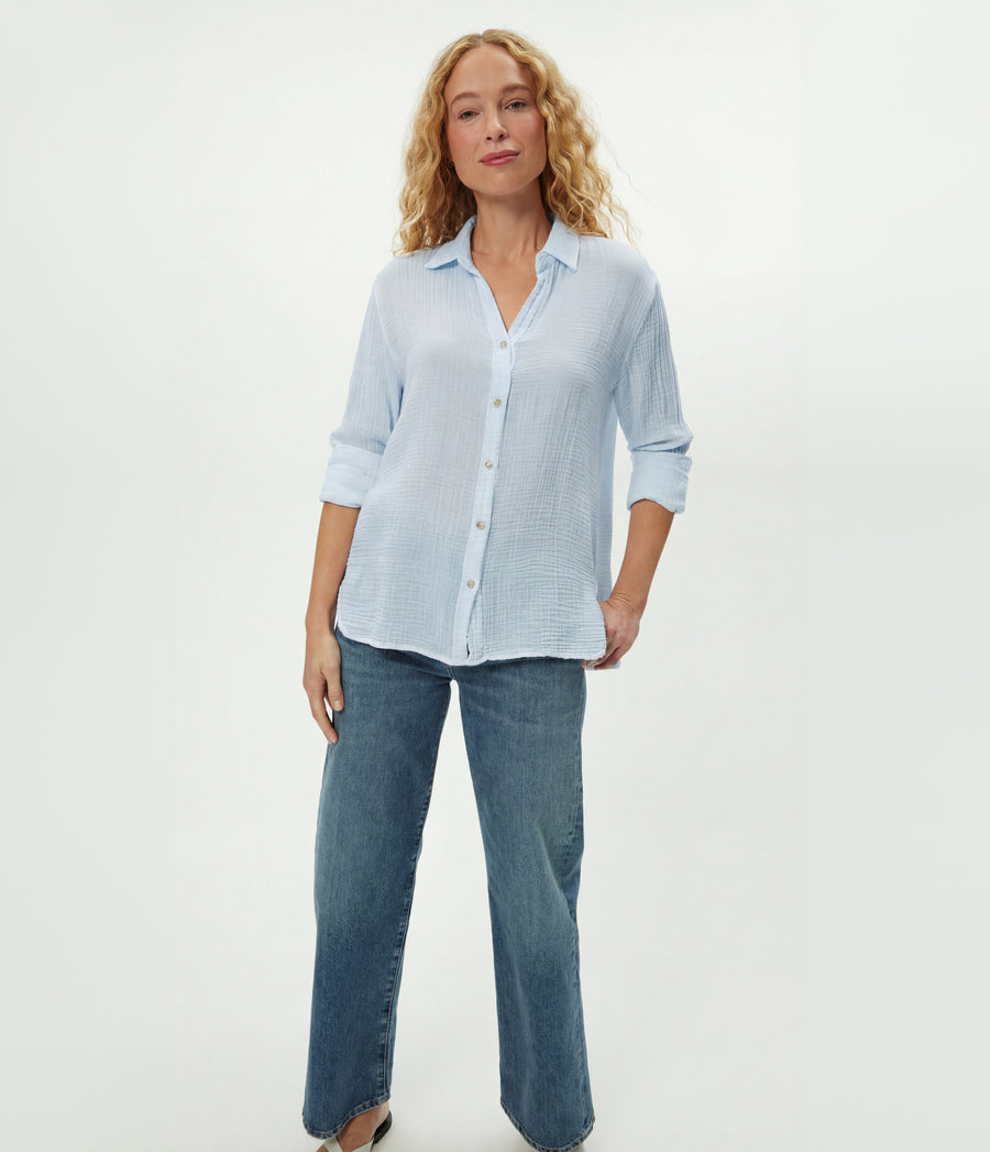 Leo Gauze Button Down Shirt in SPLASH Blue Full Body View #SPLASH