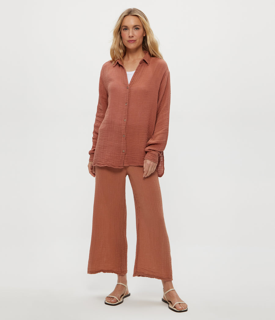 Leo Gauze Button Down Shirt in TERRA Orange Full Body View #TERRA