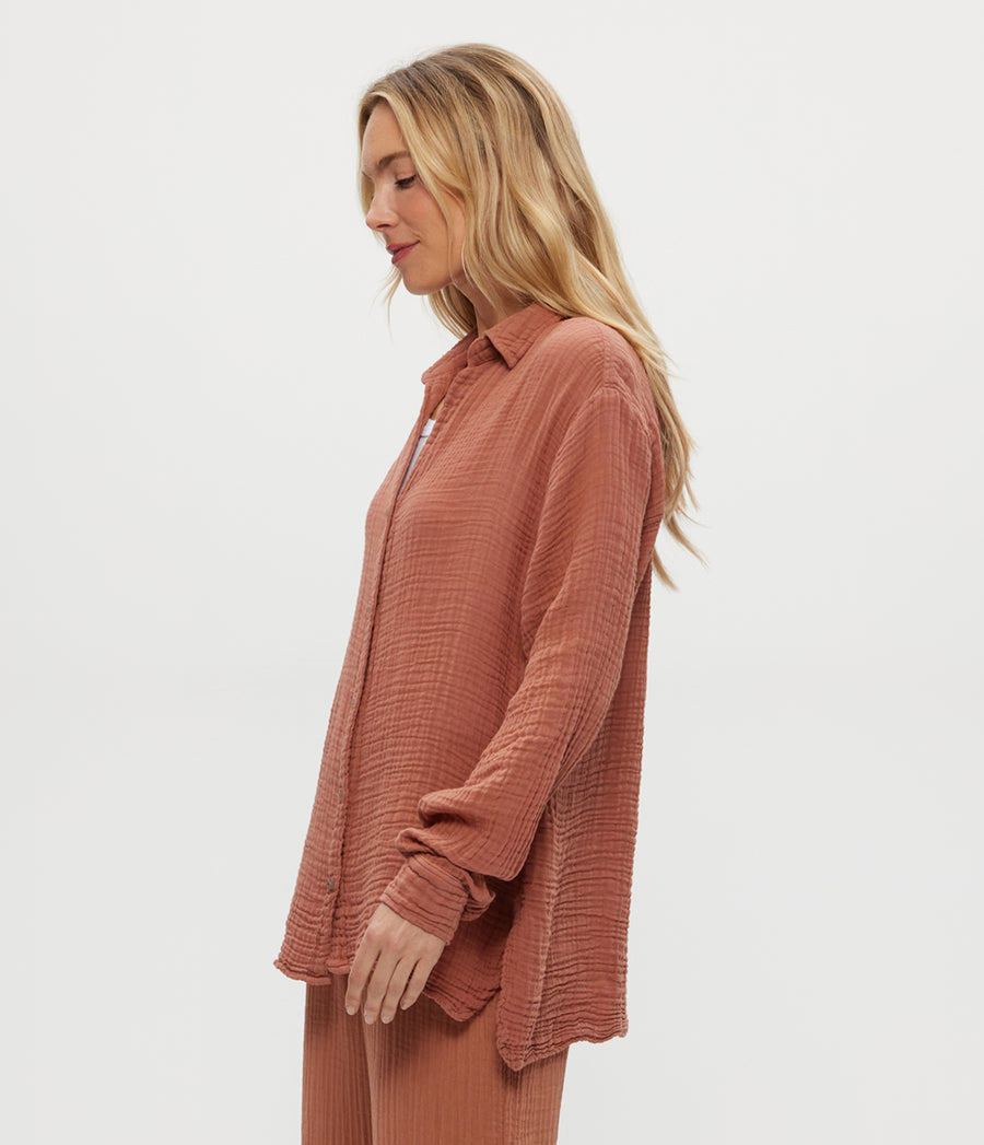 Leo Gauze Button Down Shirt in TERRA Orange Side View #TERRA