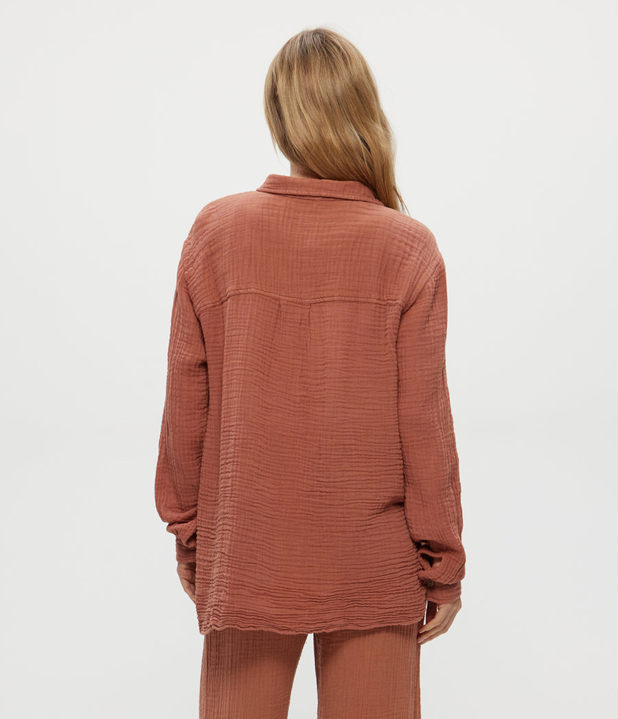 Leo Gauze Button Down Shirt in TERRA Orange Back View #TERRA