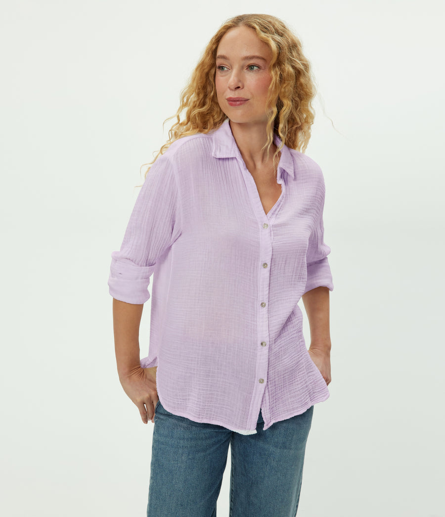 Leo Gauze Button Down Shirt in WHIMSY PURPLE Close up View #WHIMSY