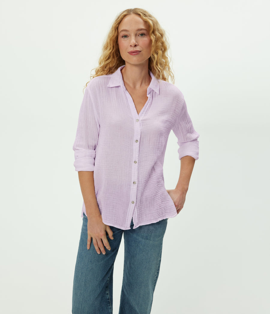 Leo Gauze Button Down Shirt in WHIMSY PURPLE Close up View #WHIMSY