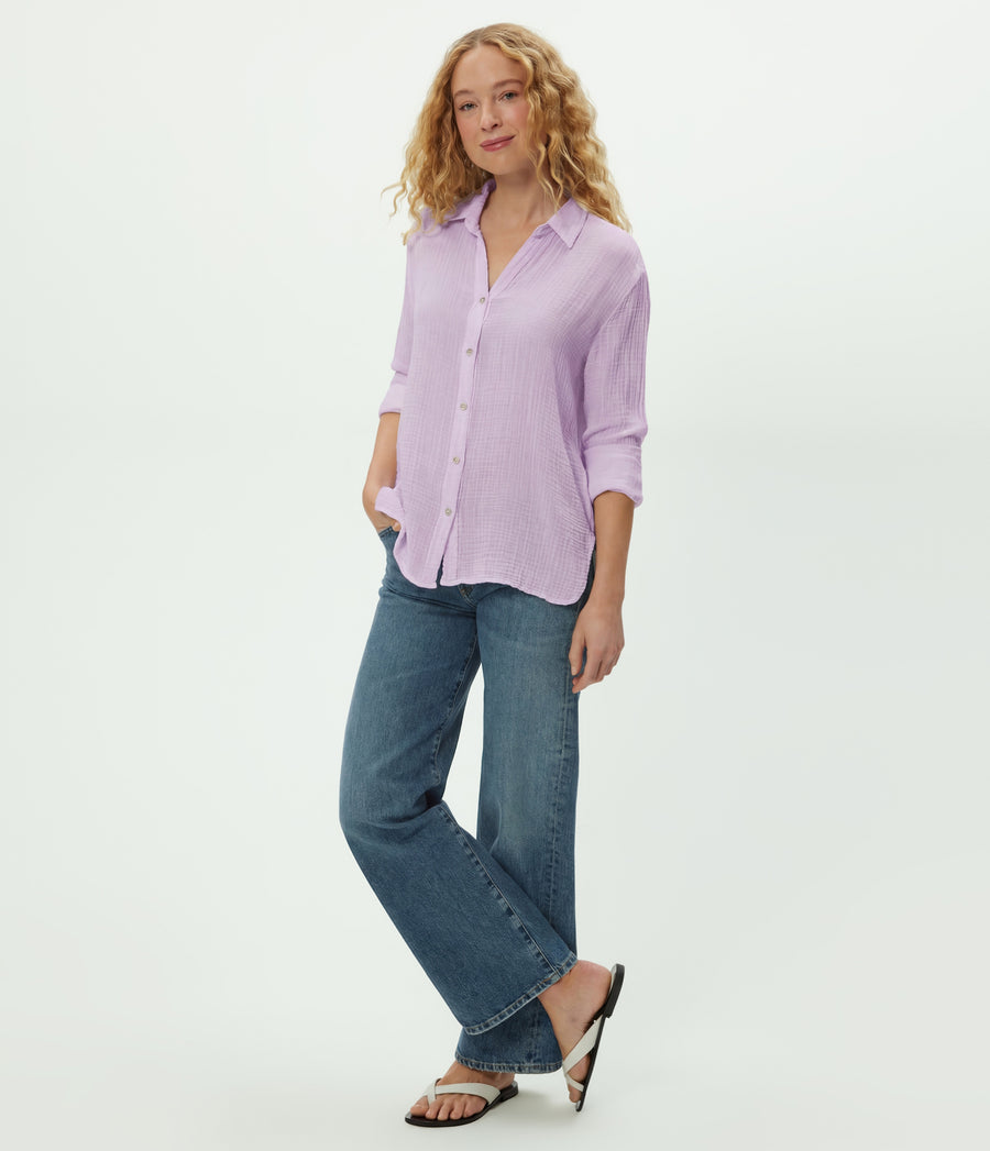 Leo Gauze Button Down Shirt in WHIMSY PURPLE Side View #WHIMSY