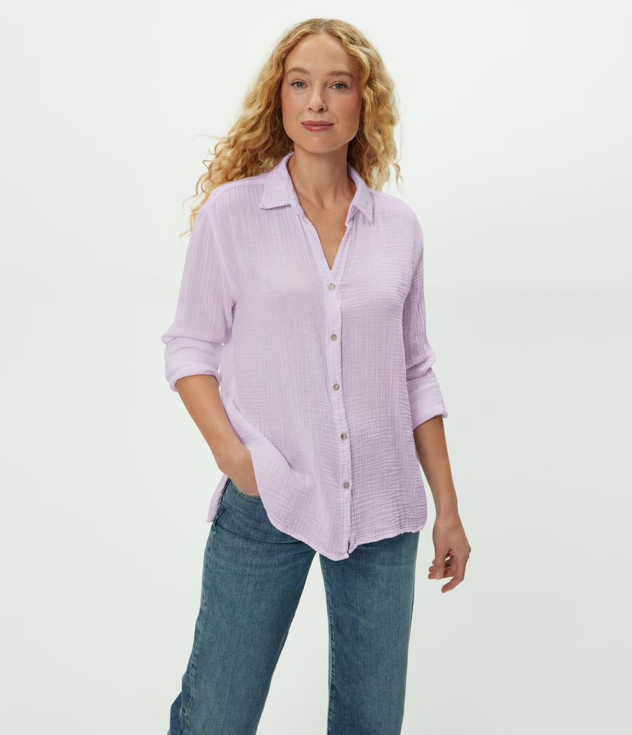 Leo Gauze Button Down Shirt in WHIMSY PURPLE Close up View #WHIMSY