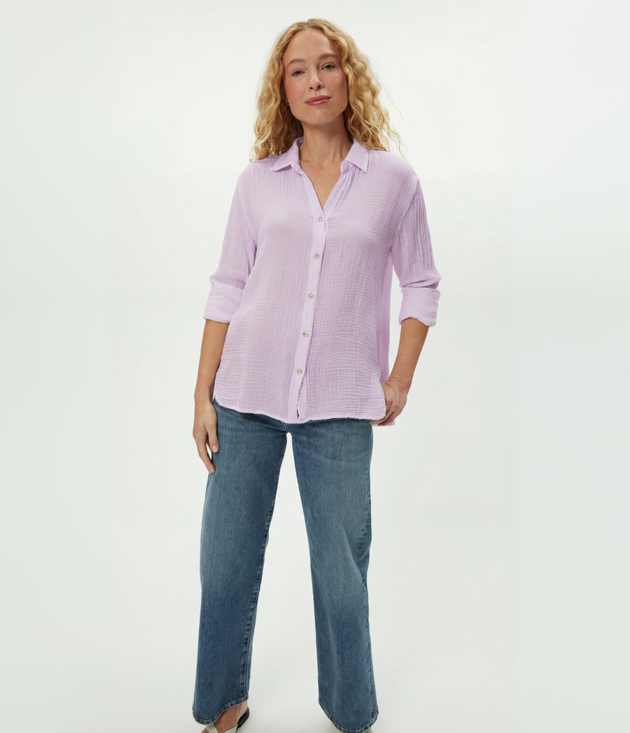 Leo Gauze Button Down Shirt in WHIMSY PURPLE Full Body View #WHIMSY