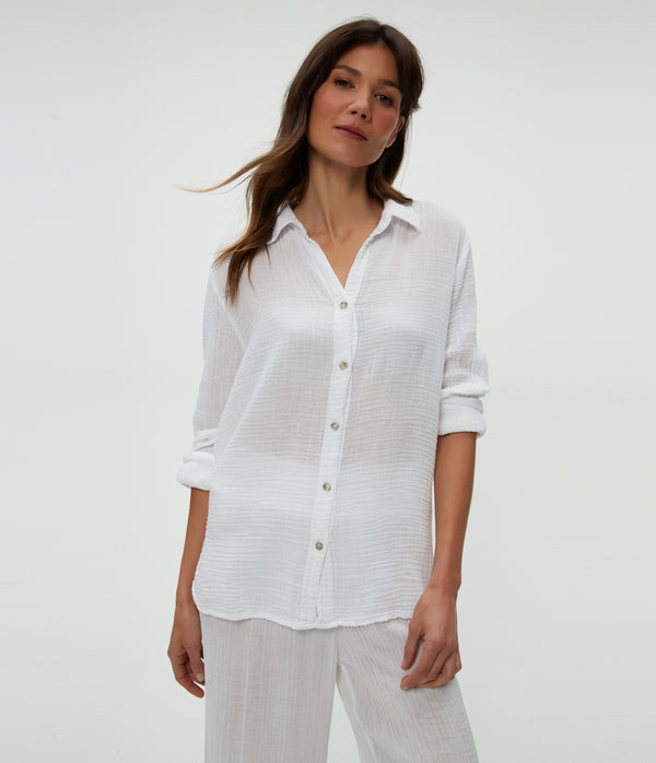 Leo Gauze Button Down Shirt in White  Close Up View #WHITE