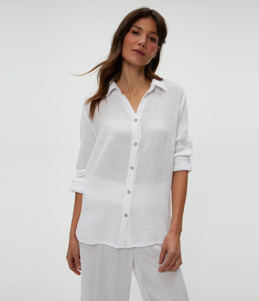 Leo Gauze Button Down Shirt in White  Close Up View #WHITE
