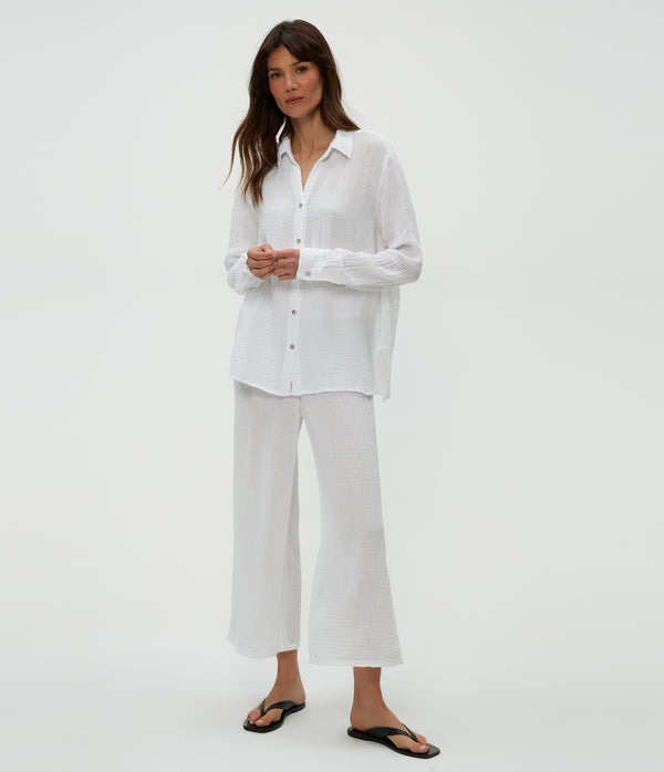 Leo Gauze Button Down Shirt in White  Full Body View #WHITE
