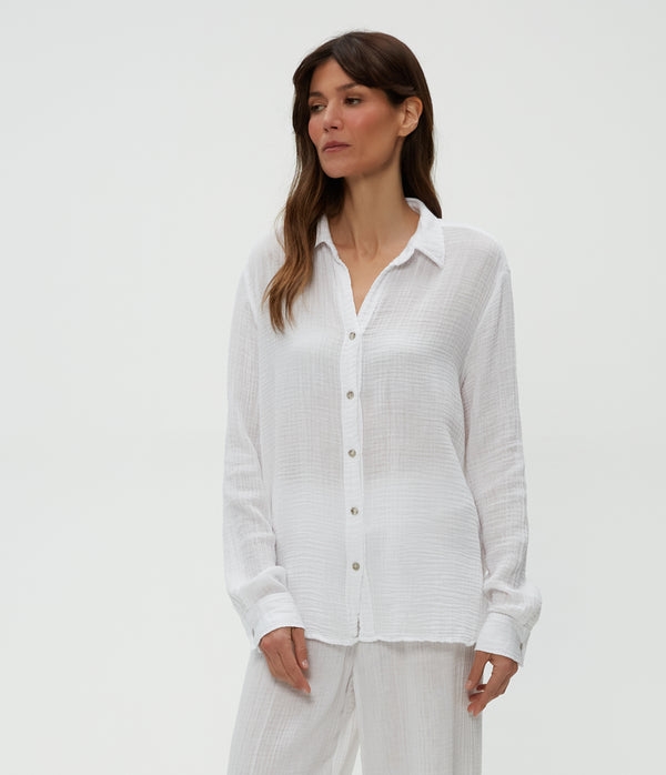 Leo Gauze Button Down Shirt in White  Side View #WHITE