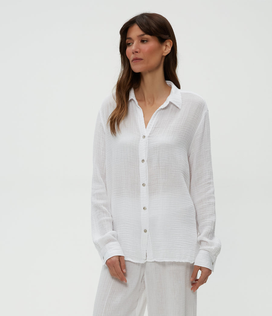 Leo Gauze Button Down Shirt in White  Side View #WHITE