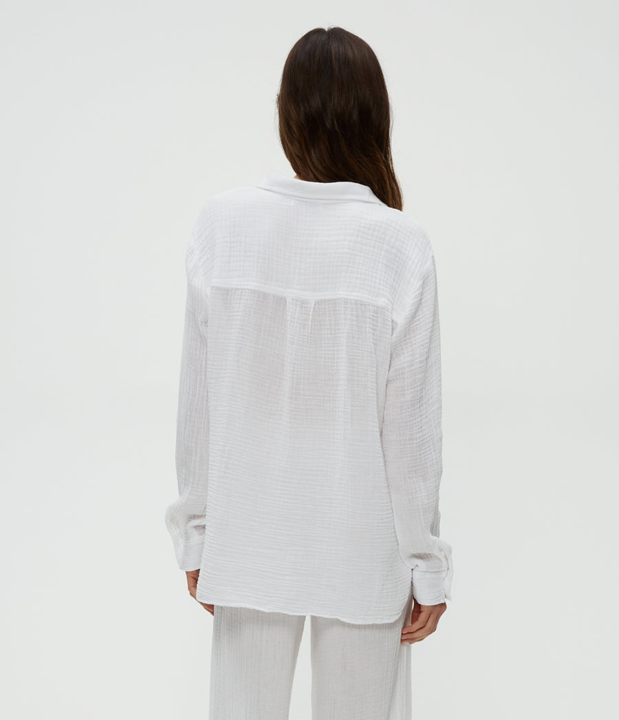 Leo Gauze Button Down Shirt in White  Back View #WHITE