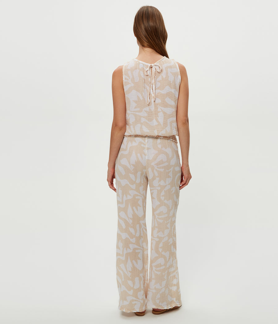 Susie Printed Gauze Pant in  Cement  Beige Back View #CEMENT