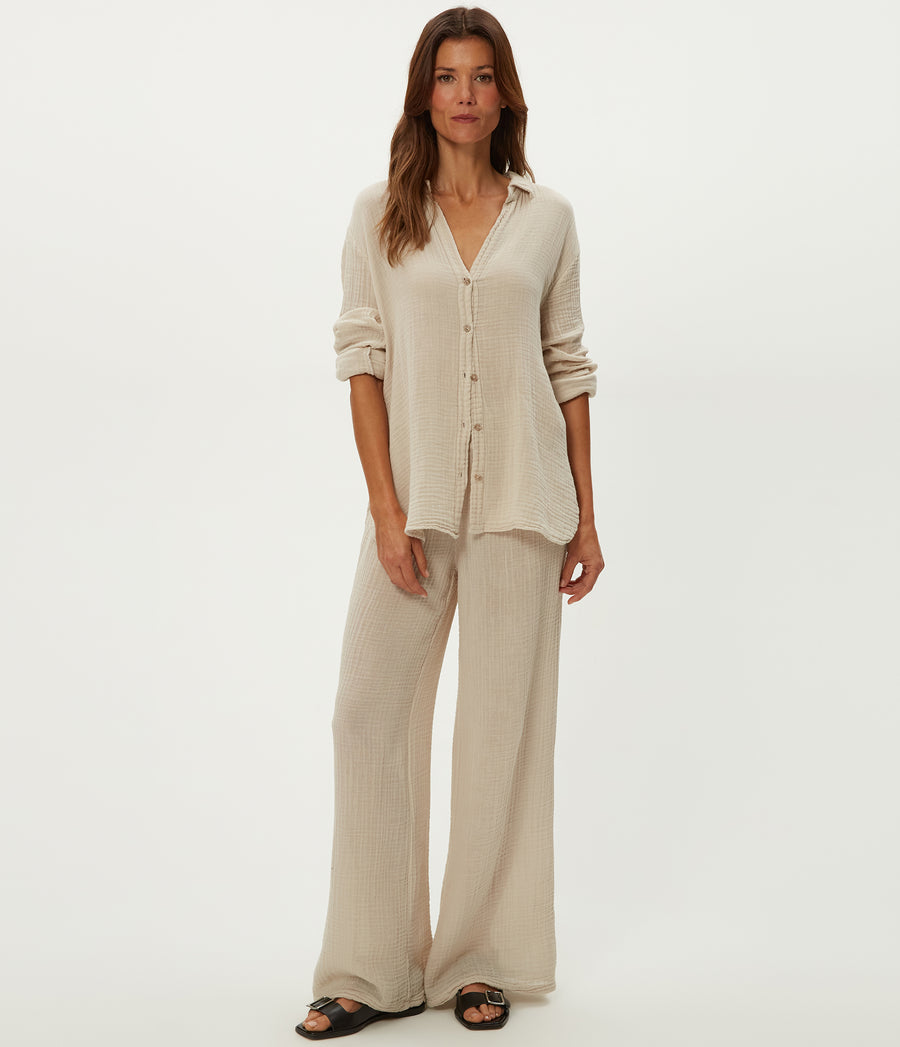 Leo Gauze Button Down Shirt in Cement Beige Full Body View #CEMENT