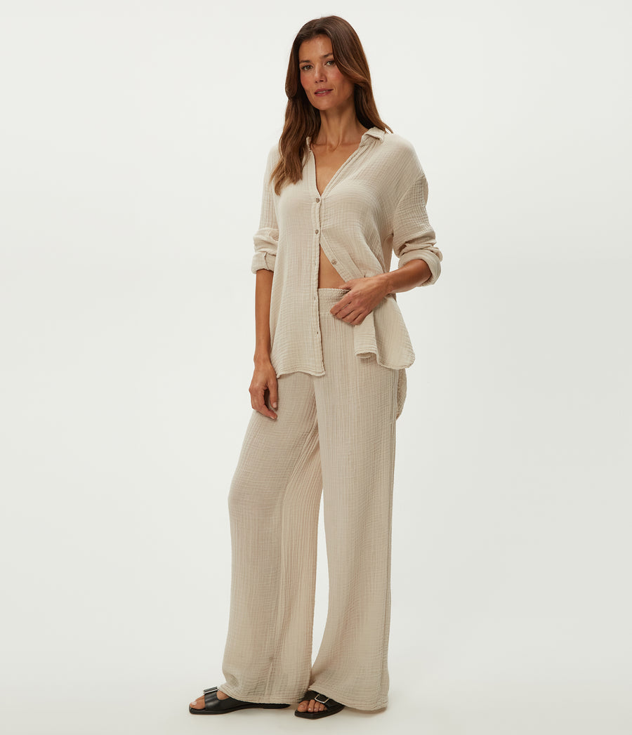 Leo Gauze Button Down Shirt in Cement Beige Side View #CEMENT