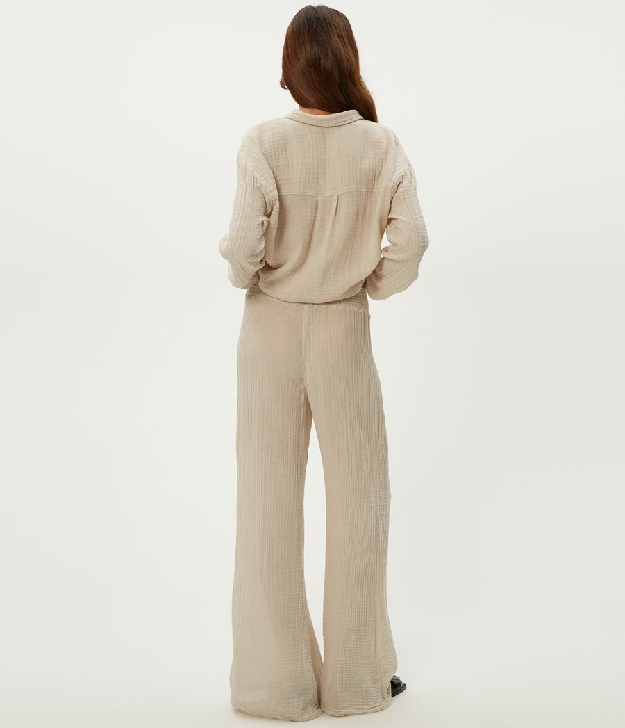 Leo Gauze Button Down Shirt in Cement Beige Back View #CEMENT