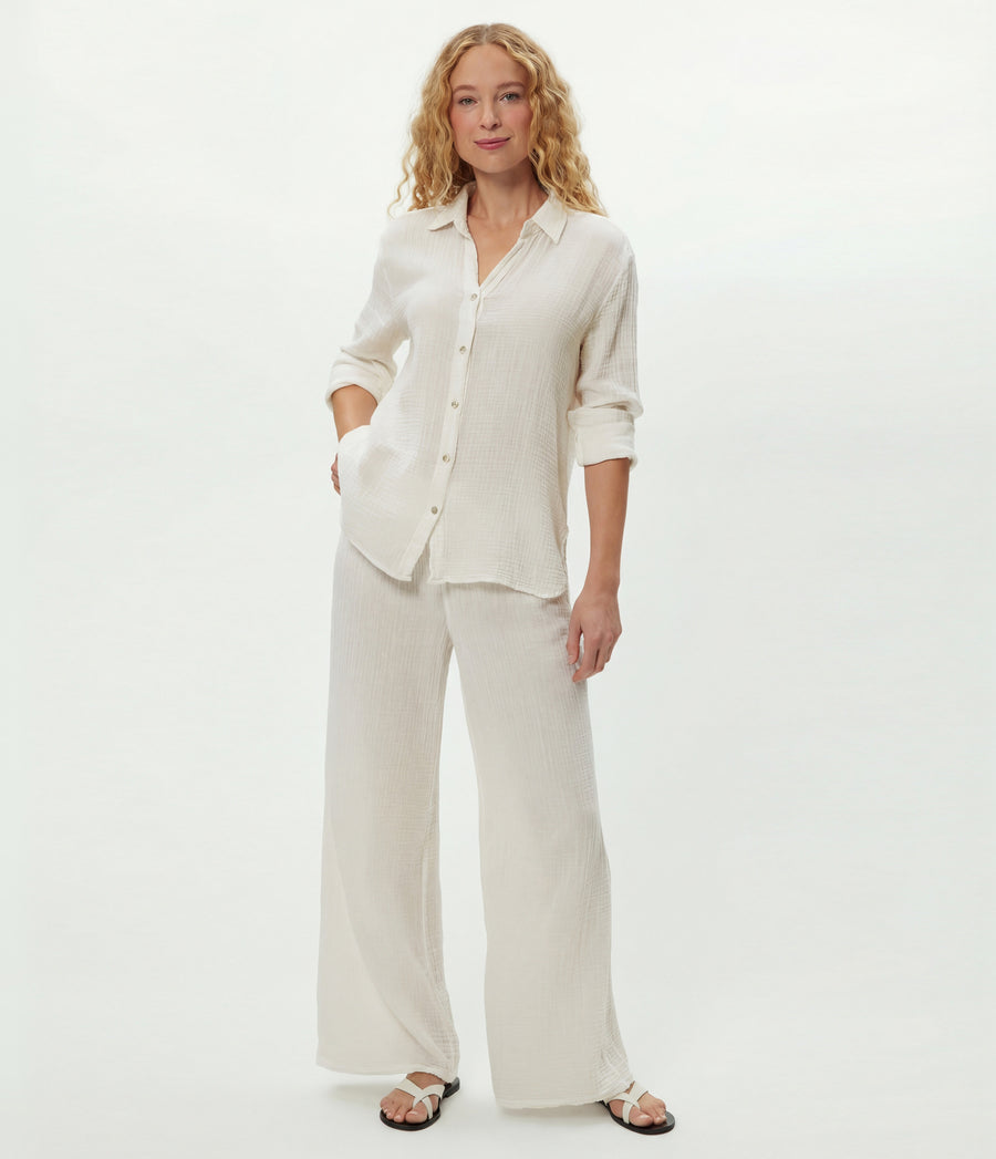 Susie Gauze Pant in Chalk White Full Body View #CHALK