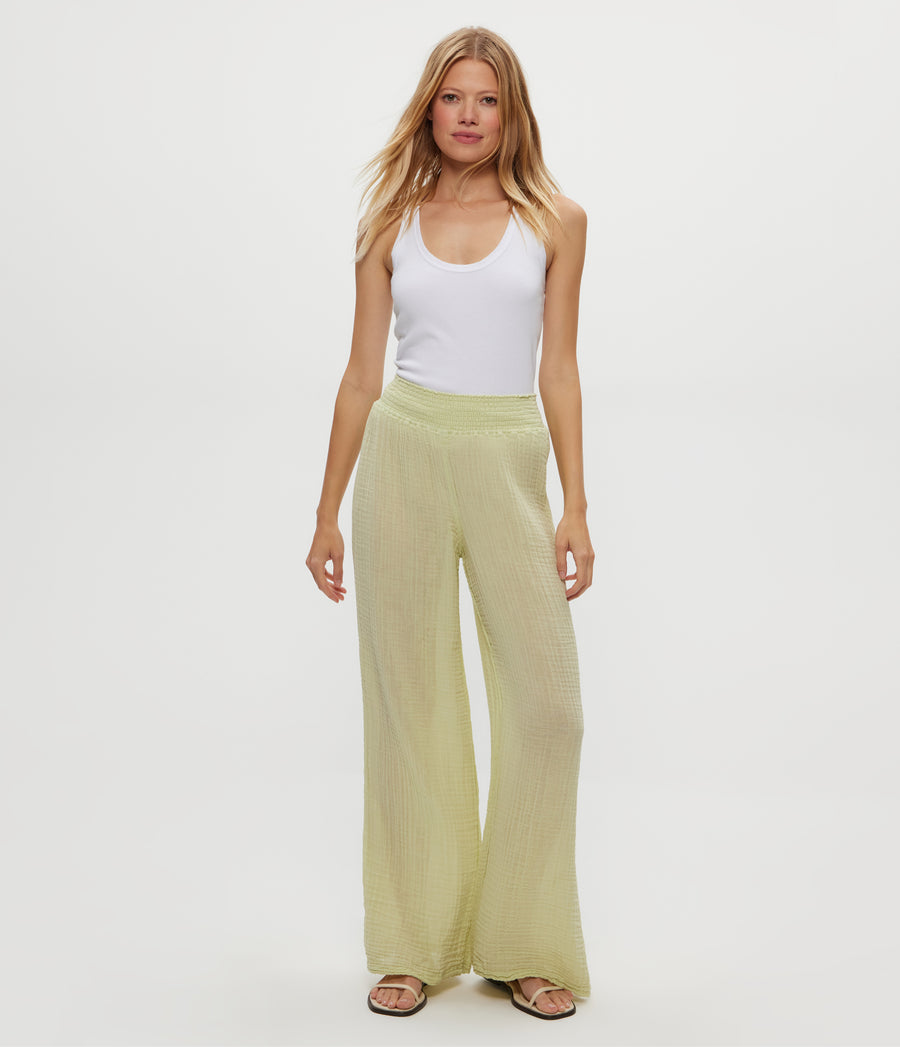 Susie Gauze Pant in Celery GREEN Full Body View #CELERY