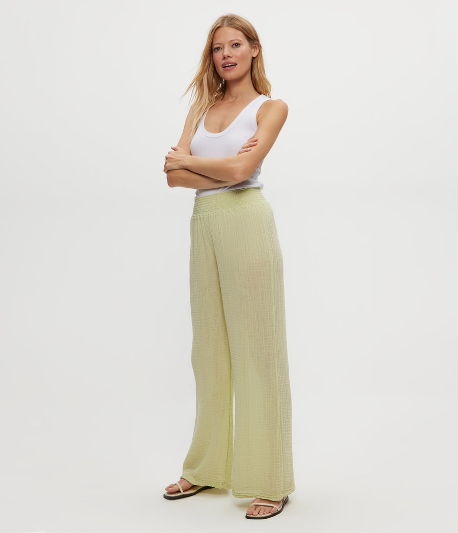 Susie Gauze Pant in Celery GREEN Side View #CELERY
