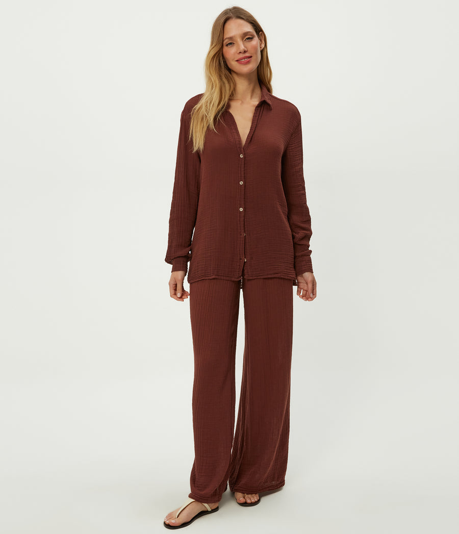 Susie Gauze Pant in ESPRESSO Brown Full Body View #ESPRESSO
