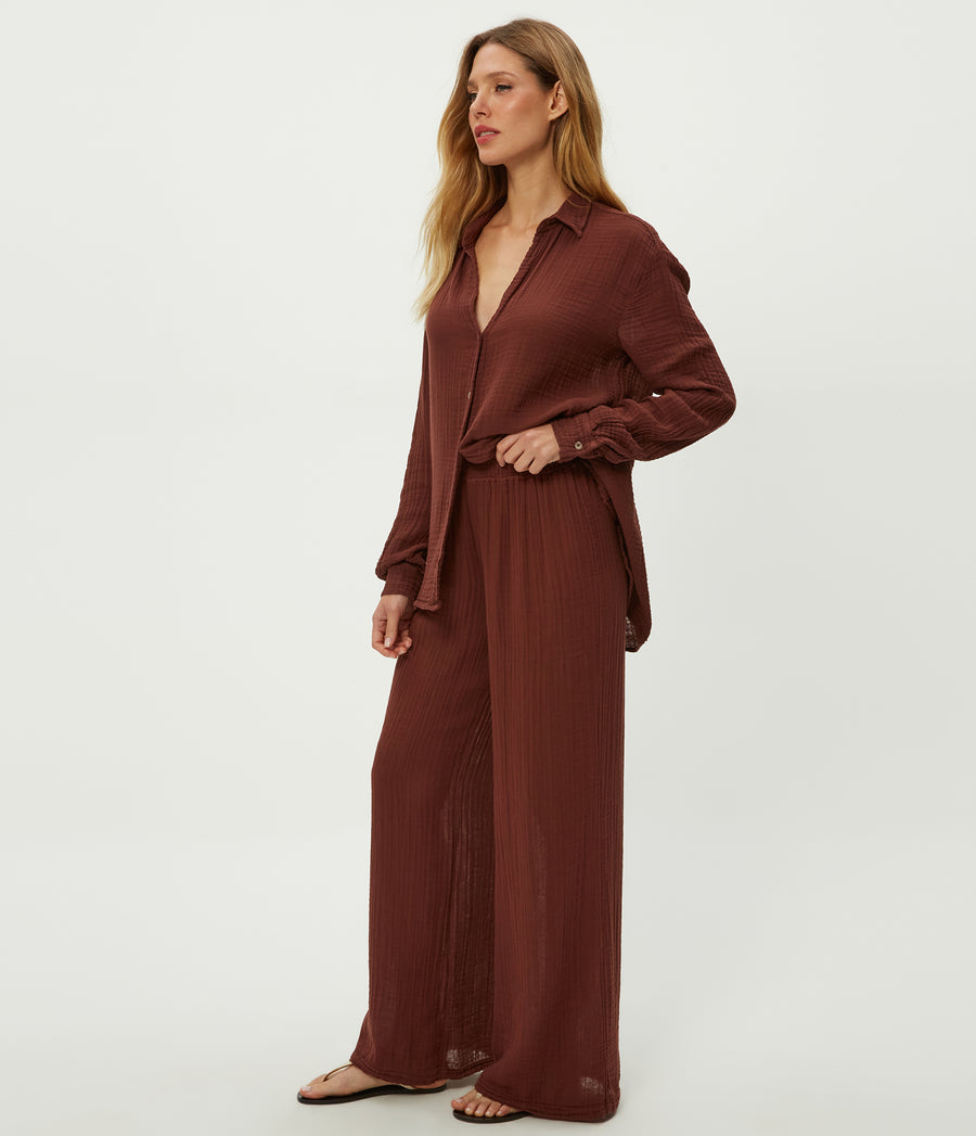 Susie Gauze Pant in ESPRESSO Brown Side View #ESPRESSO