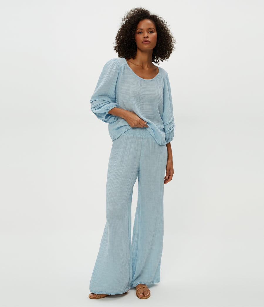 Susie Gauze Pant in Fountain Blue Close Up View #FOUNTAIN