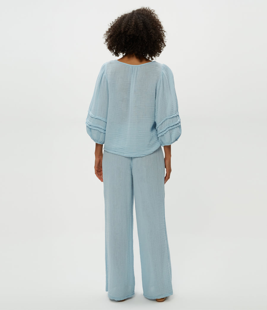 Susie Gauze Pant in Fountain Blue Back View #FOUNTAIN