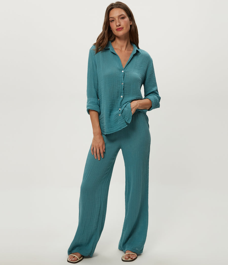 Susie Gauze Pant in GLAZE Blue Close Up View #GLAZE