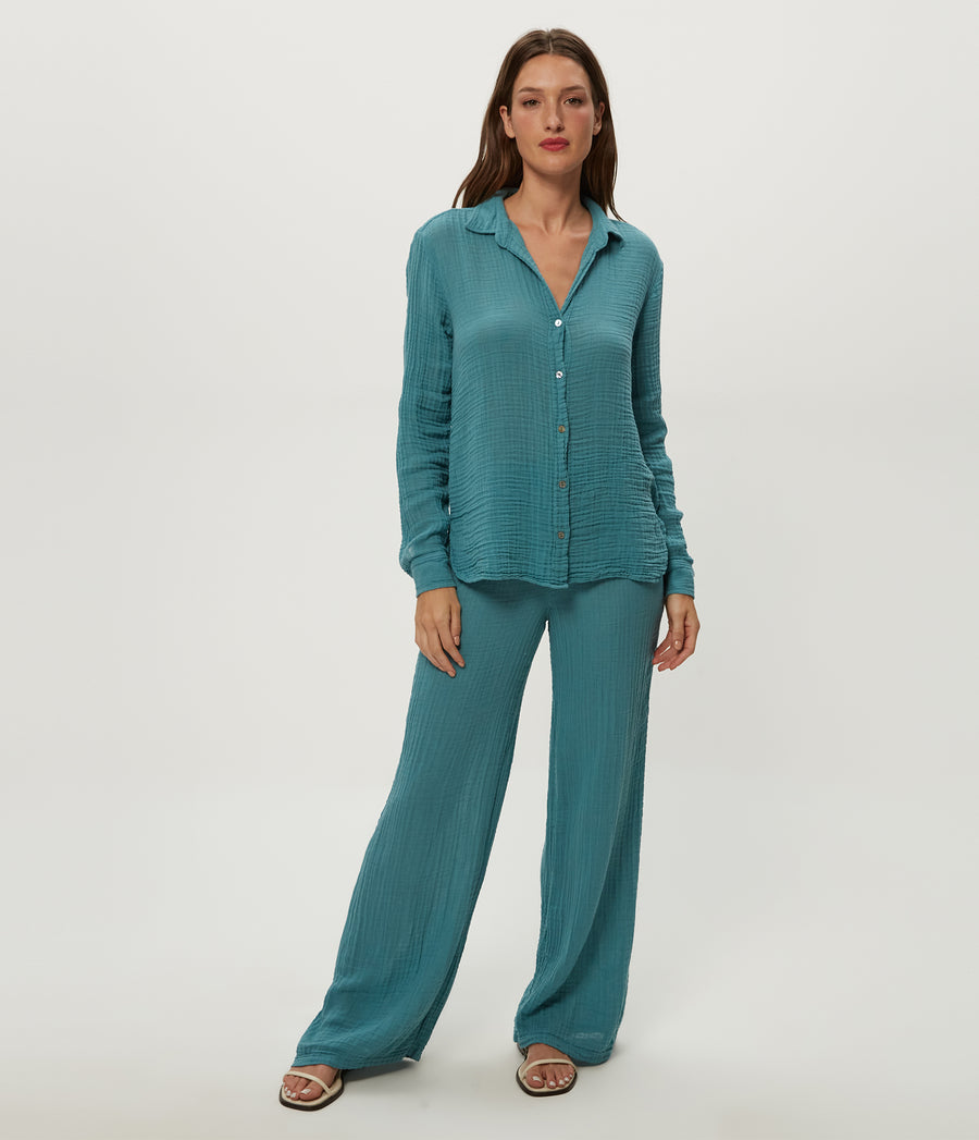 Susie Gauze Pant in GLAZE Blue Close Up View #GLAZE