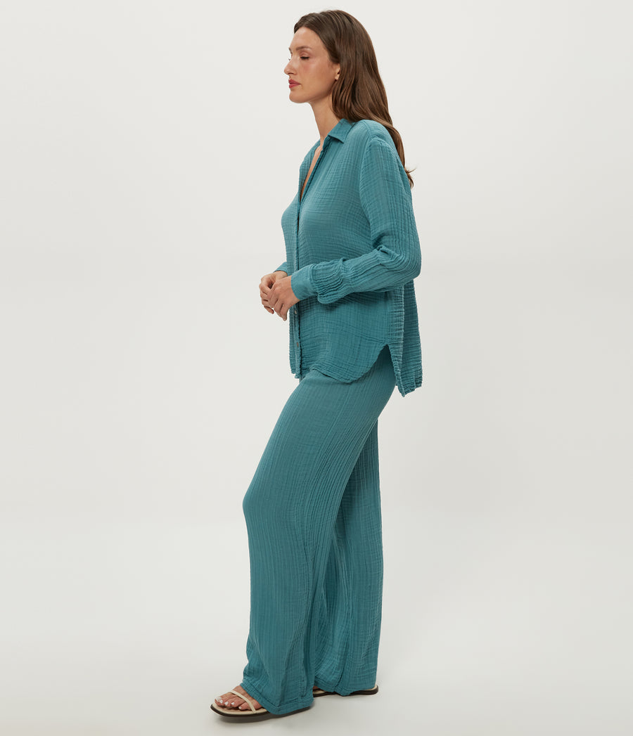 Leo Gauze Button Down Shirt in GLAZE Blue Side Body View #GLAZE