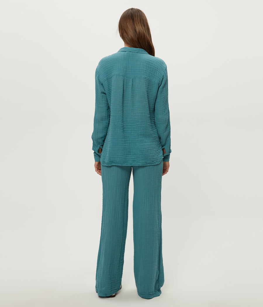 Leo Gauze Button Down Shirt in GLAZE Blue Back View #GLAZE