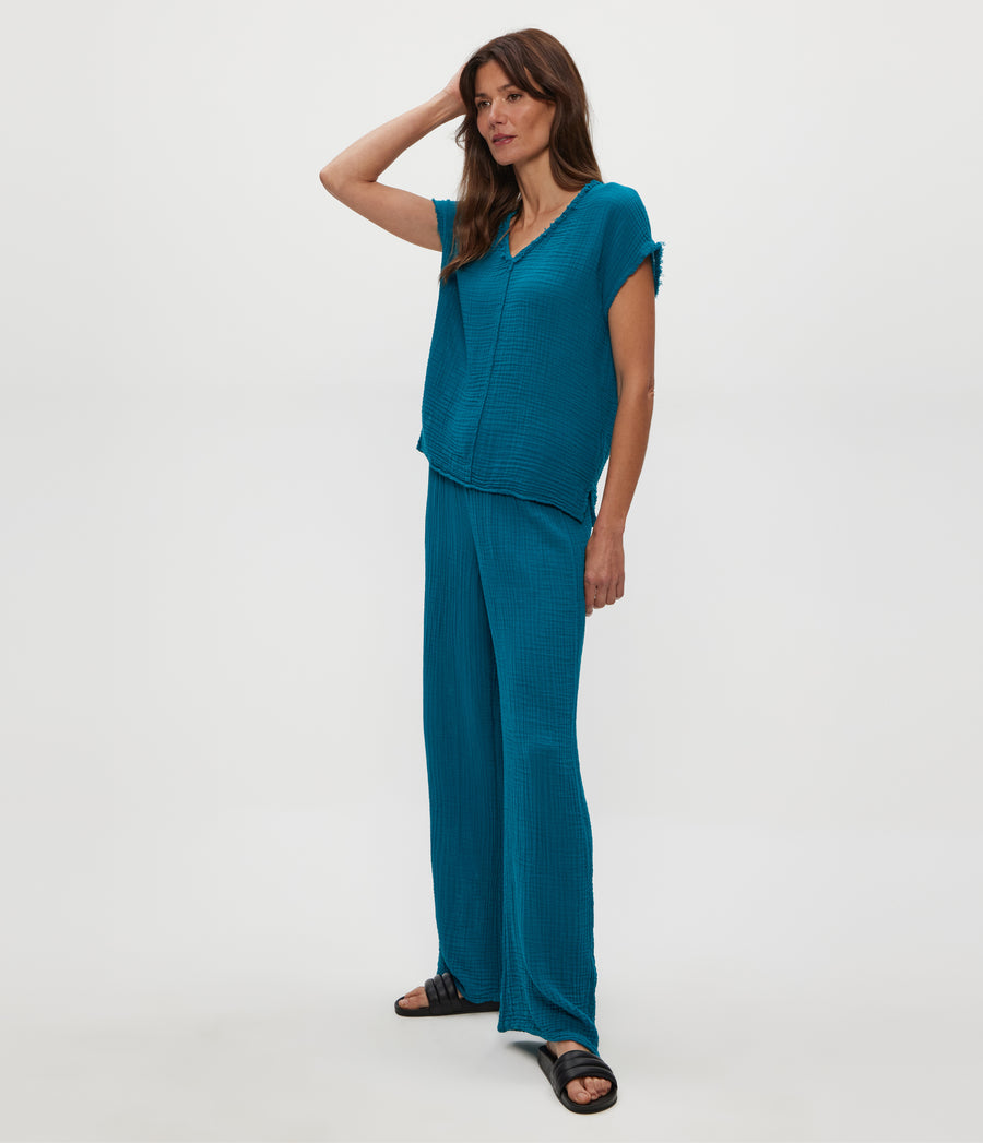 Susie Gauze Pant in LAGOON GREEN Close Up View #LAGOON