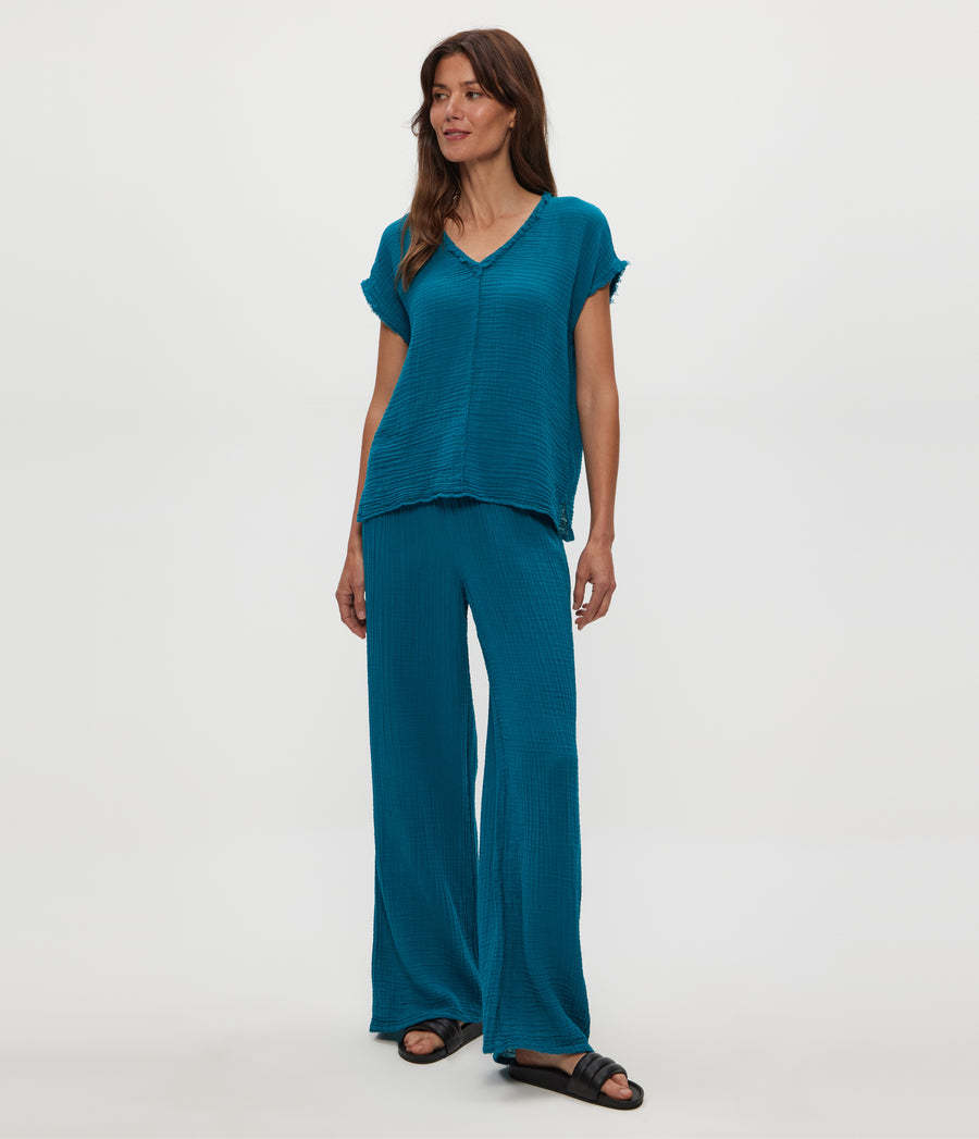 Susie Gauze Pant in LAGOON GREEN Full Body View #LAGOON