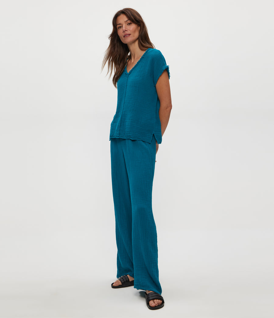 Susie Gauze Pant in LAGOON GREEN Side View #LAGOON