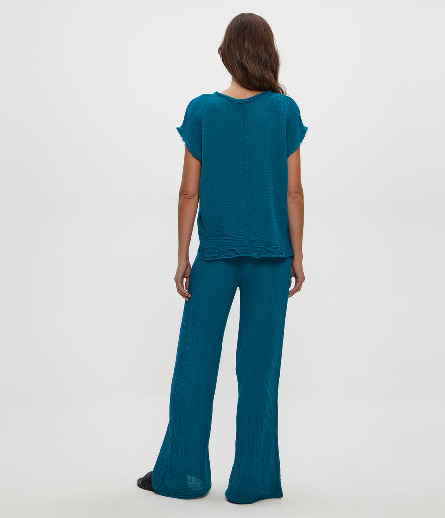 Susie Gauze Pant in LAGOON GREEN Back View #LAGOON