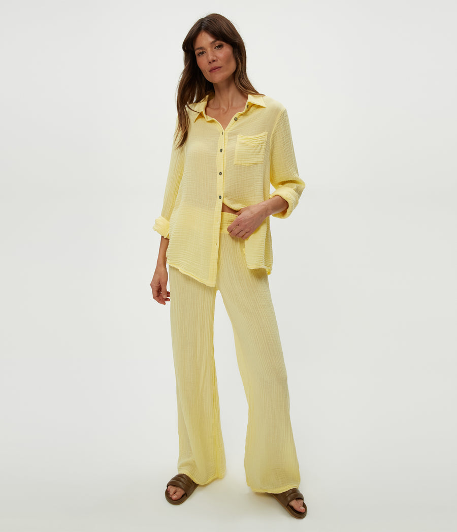 Susie Gauze Pant in Lemonade Yellow Close Up View #LEMONADE