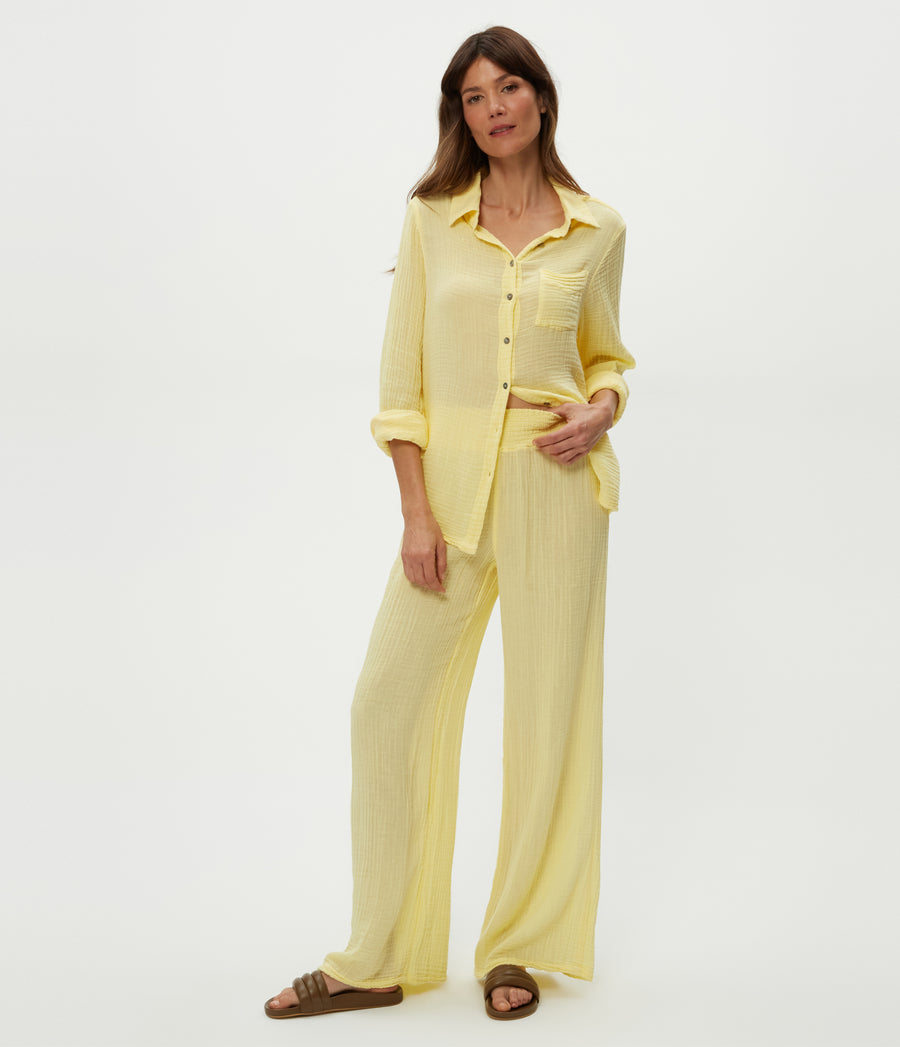 Susie Gauze Pant in Lemonade Yellow Full Body View #LEMONADE