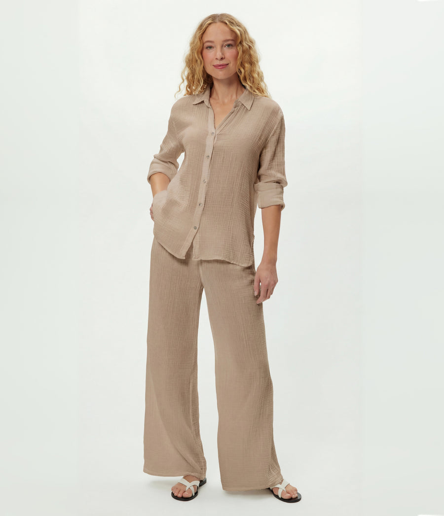 Susie Gauze Pant in  MACADAMIA Beige Full Body View #MACADAMIA