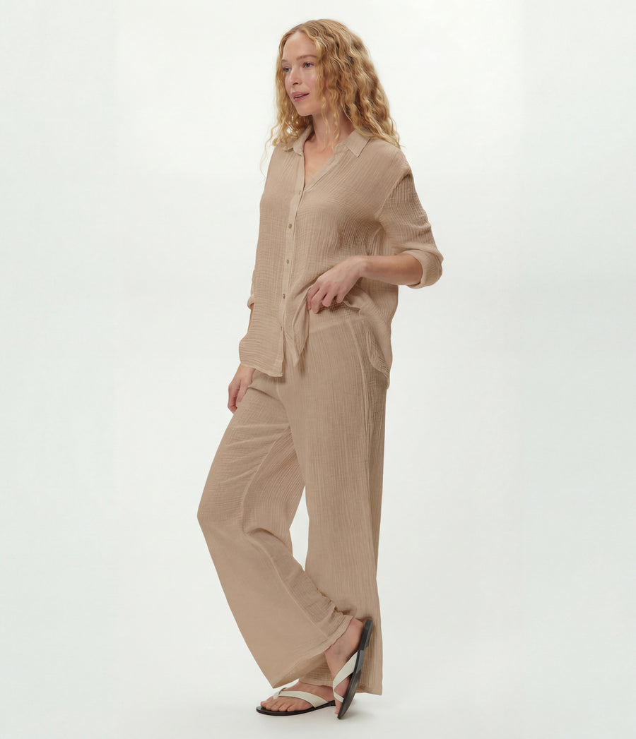 Susie Gauze Pant in  MACADAMIA Beige Side View #MACADAMIA