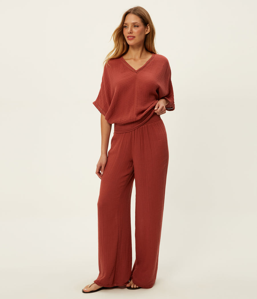 Susie Gauze Pant in MUSE ORANGE Combo Close up View #MUSE