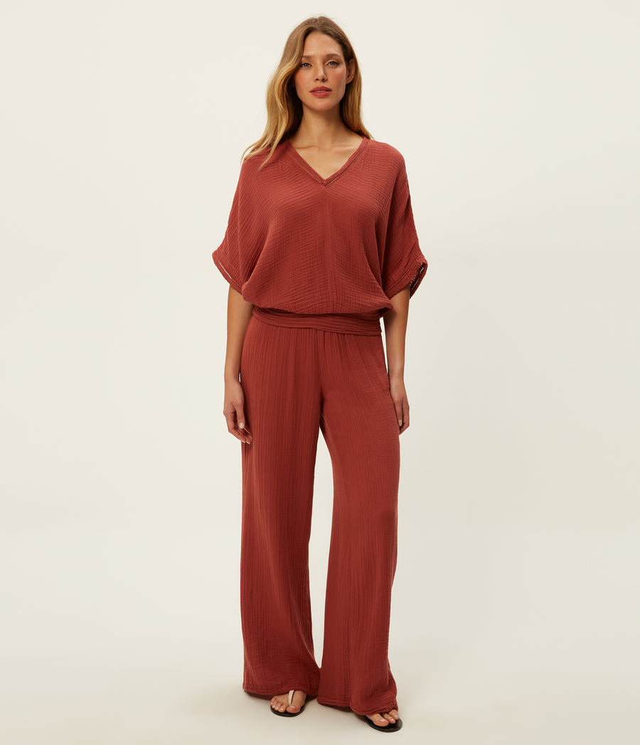 Susie Gauze Pant in MUSE ORANGE Combo Full Body View #MUSE