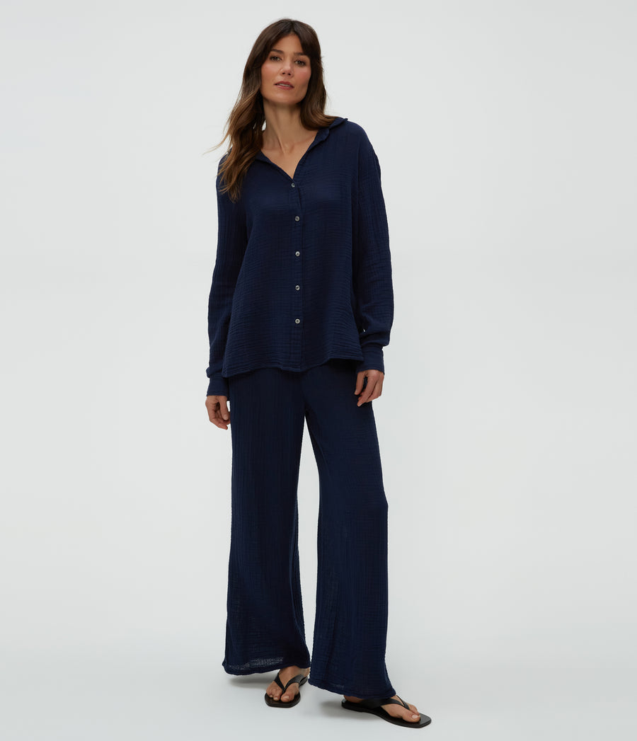 Susie Gauze Pant in Nocturnal Blue Full Body View #NOCTURNAL