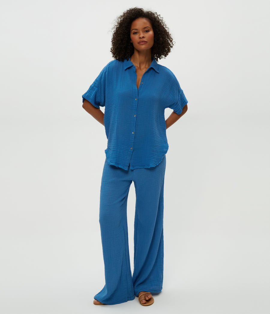 Susie Gauze Pant in Ocean Blue Close Up View #OCEAN