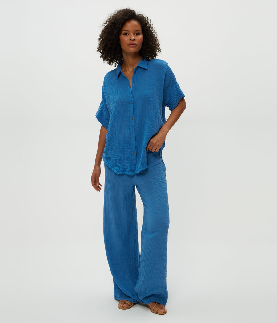Susie Gauze Pant in Ocean Blue Full Body View #OCEAN