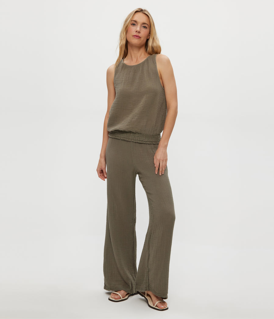 Susie Gauze Pant in Olive Green Full Body View #OLIVE