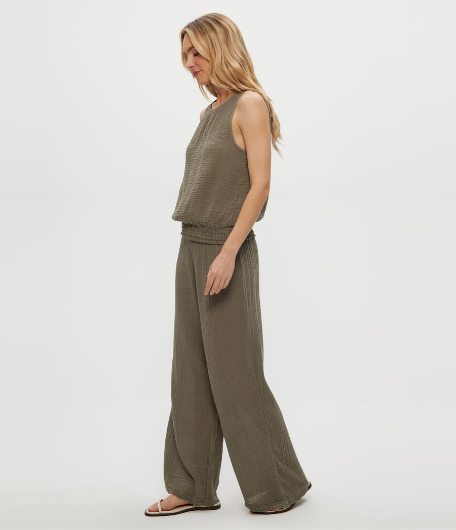Susie Gauze Pant in Olive Green Side View #OLIVE