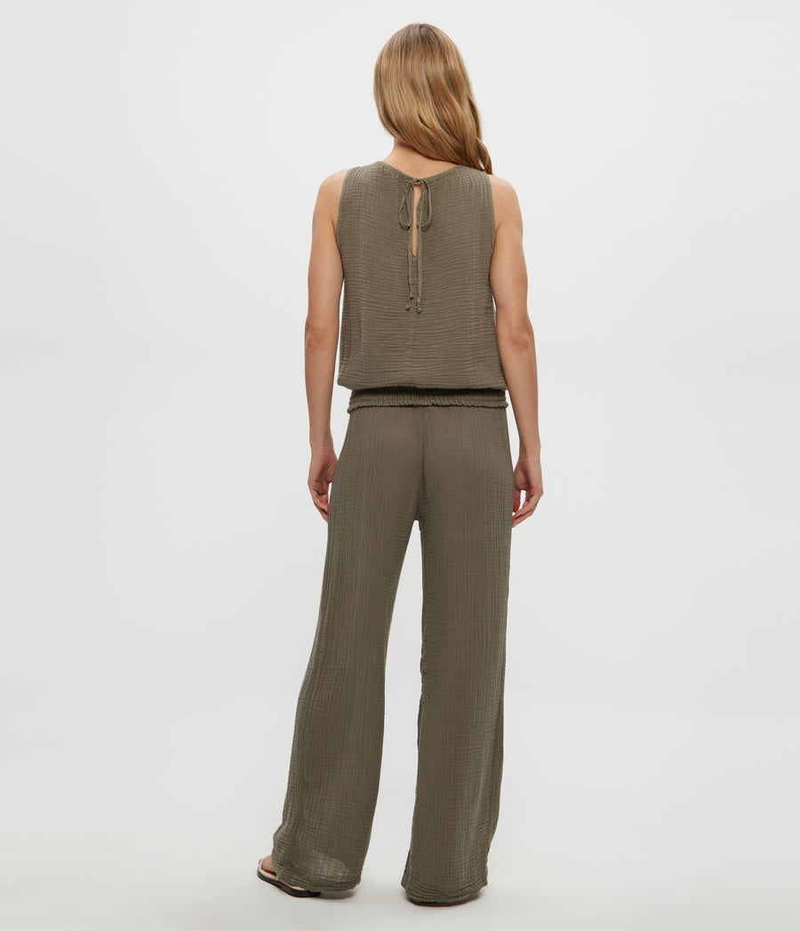 Susie Gauze Pant in Olive Green Back View #OLIVE